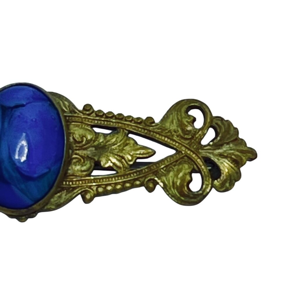 Vintage Gold Tone And Cobalt Blue Cabochon Bar Brooch With C Clasp (5756) - Picture 4 of 8